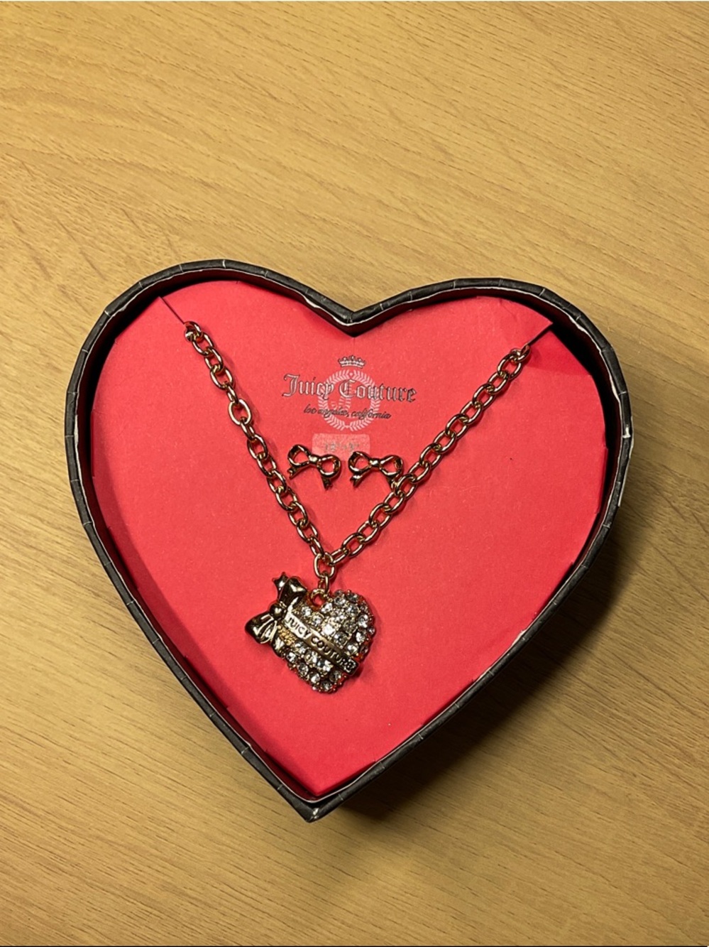 Juicy Couture Gold Heart & Bow Charm Necklace with Crystals
